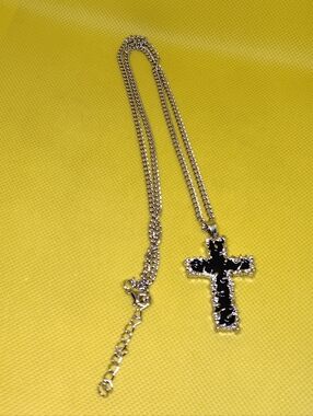 Silver-tone Chain Necklace with Black Cross Pendant